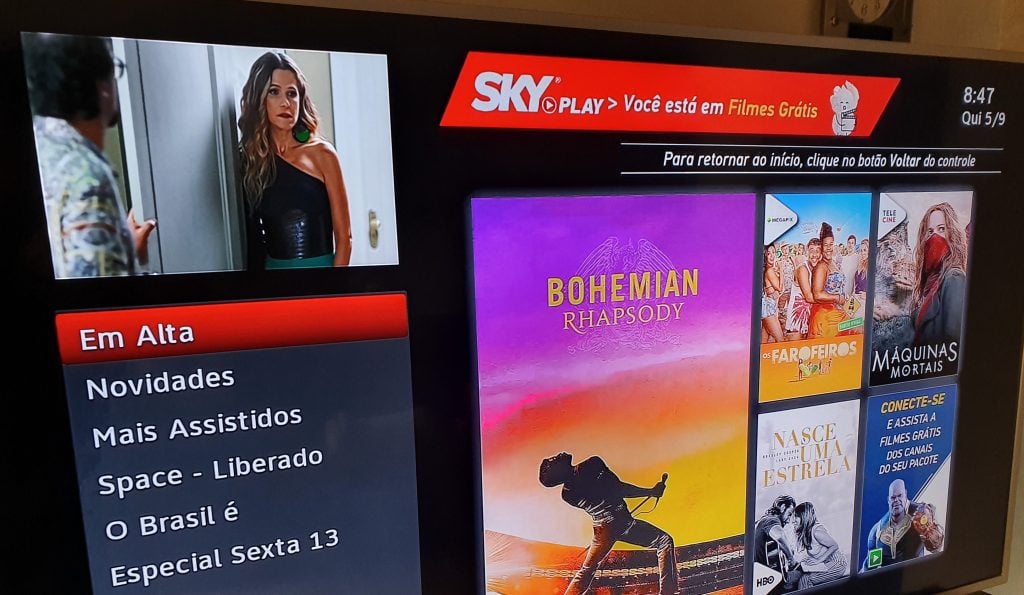 Menu de filmes gratuitos do SKY Play na TV