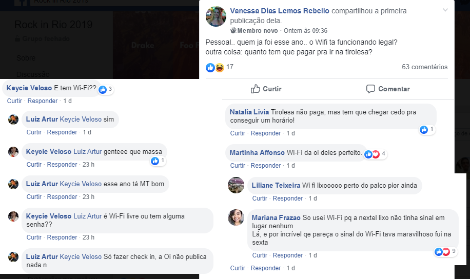 Comentários do grupo "Rock in Rio 2019" no Facebook