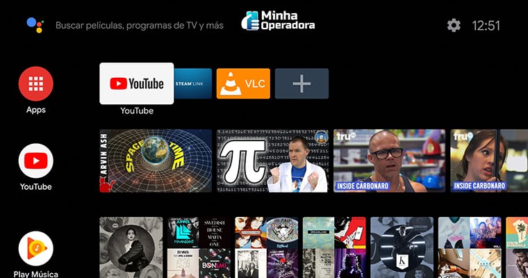 Menu da Android TV com aplicativos de streaming.