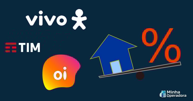 Logotipos Vivo, Oi e TIM com ilustração.
