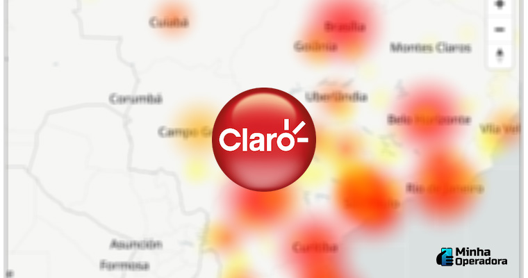 Mapa de calor com falhas da Claro net no Downdetector
