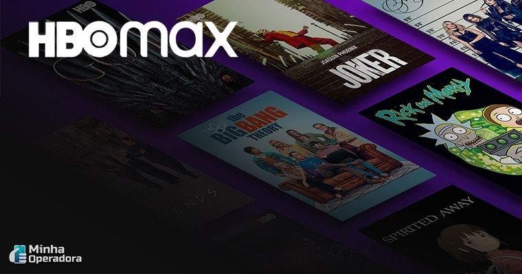 Imagem com capas de produções do HBO Max ao fundo e logotipo do streaming em cima.