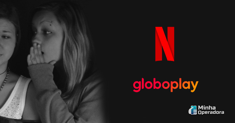 Ilustração que simula um "rumor", junto com os logotipos do Globoplay e Netflix.