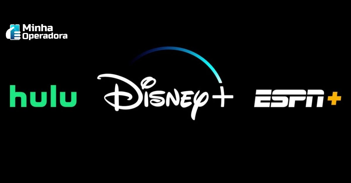 Logotipos do hulu, Disney+ e ESPN+ em um fundo preto.