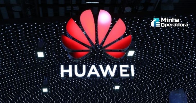 Logomarca da Huawei em um fundo preto com pontos iluminados. 