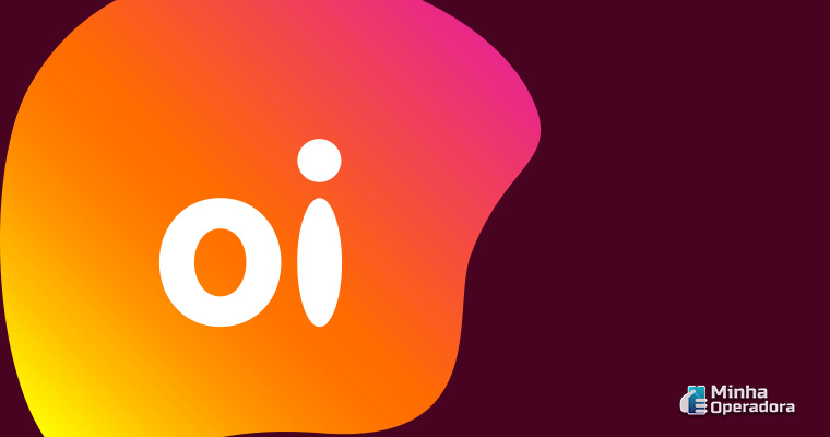 Novo logotipo da Oi na cor laranja com o fundo roxo.
