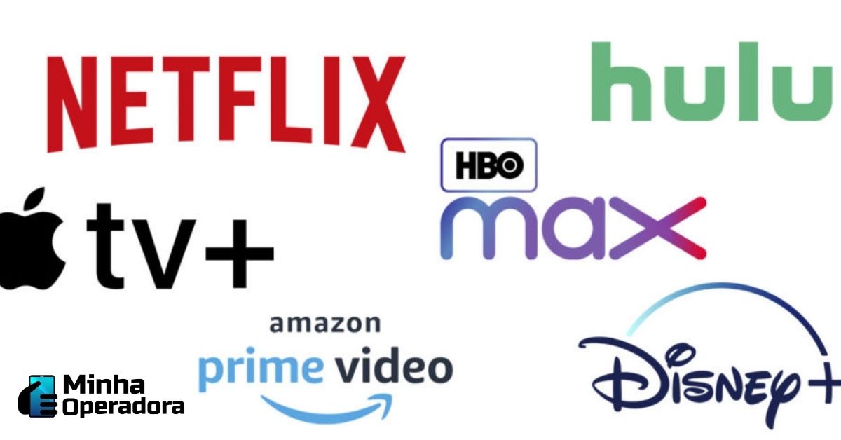 Logotipos de diversas plataformas de streaming em um fundo branco.