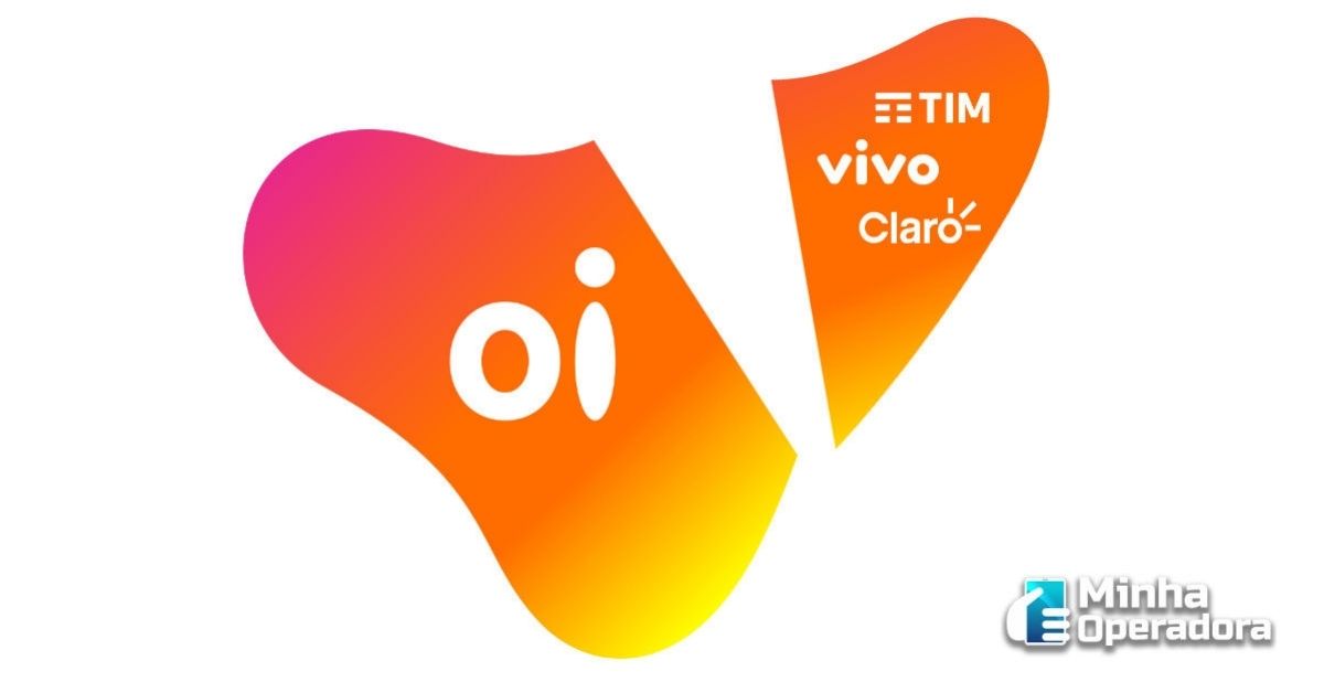 Logotipo da Oi dividido em dois e na parte de cima os logotipos da TIM, Vivo e Claro.