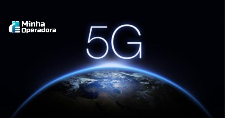 Logotipo do 5G aparecendo como um sol nascente no espaço.