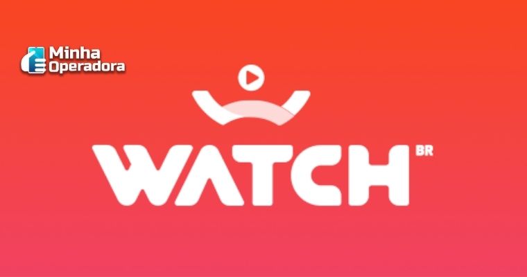 Logotipo da Watch Brasil em branco com o fundo laranja.