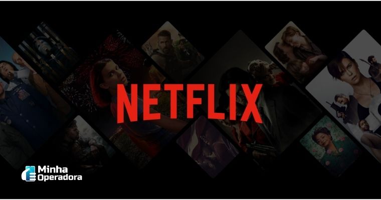 Logotipo da Netflix em vermelho, com o fundo preto e imagens translúcidas de conteúdos da plataforma.