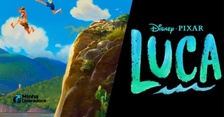Card de divulgação da animação "Luca", duas pessoas pulando de uma montanha no meio da natureza