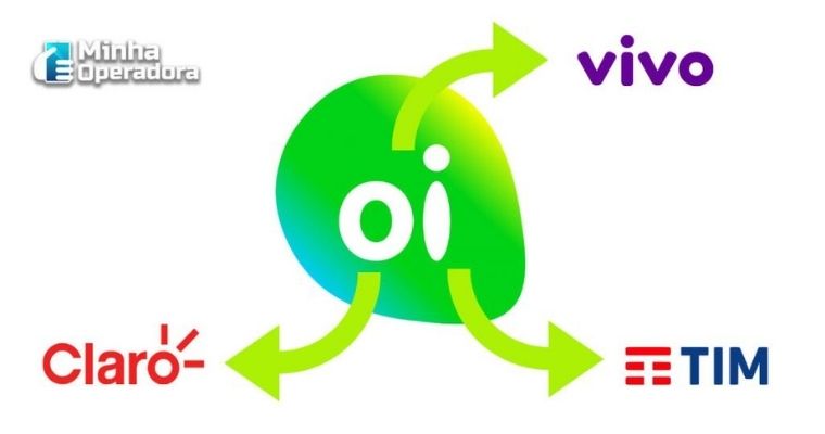 Logotipo da Oi rodeado pelos logotipos da Vivo, TIM e Claro.
