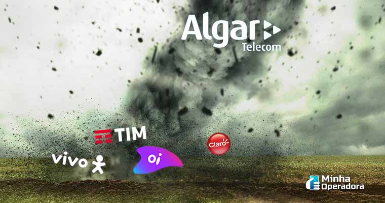 Logotipos das operadoras Algar Telecom, TIM, Vivo, Claro e Oi com ilustração de fundo.