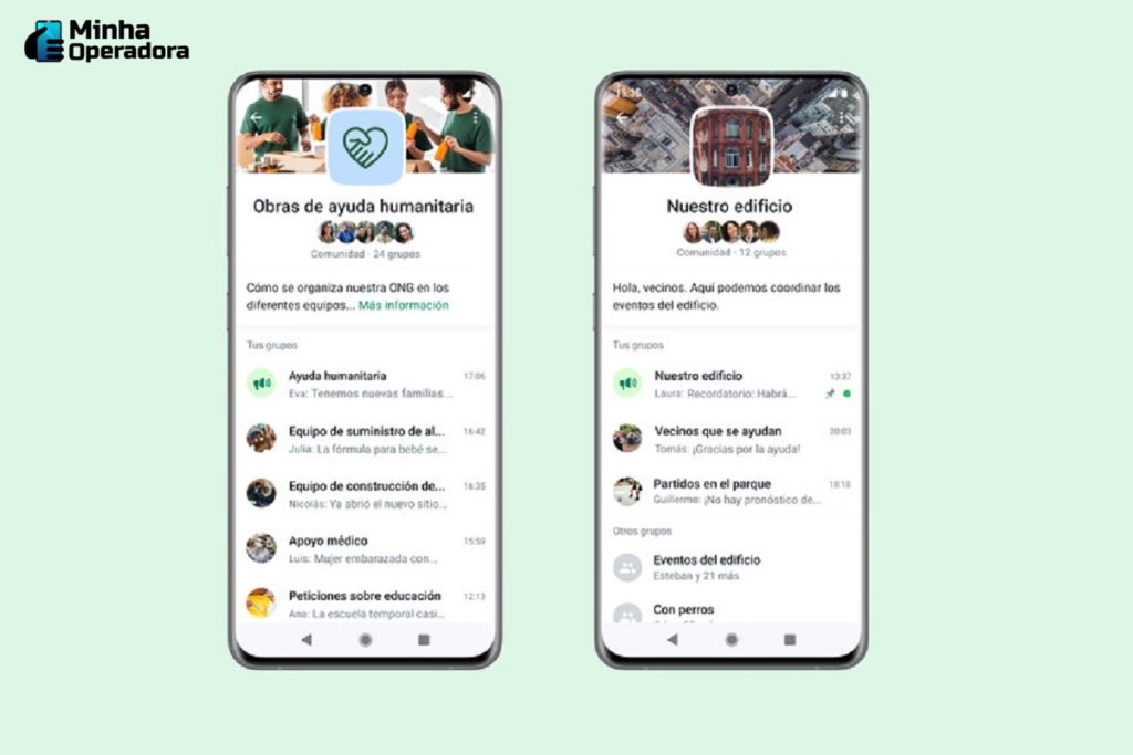 Telas de dois celulares que demonstram como será a opção "Comunidades" do WhatsApp