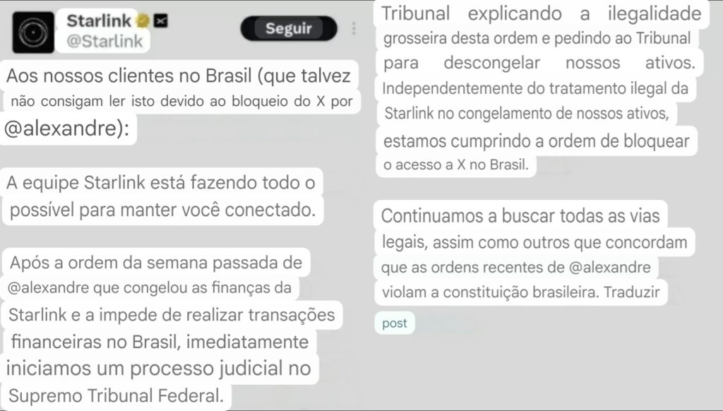 Starlink vai bloquear X no Brasil