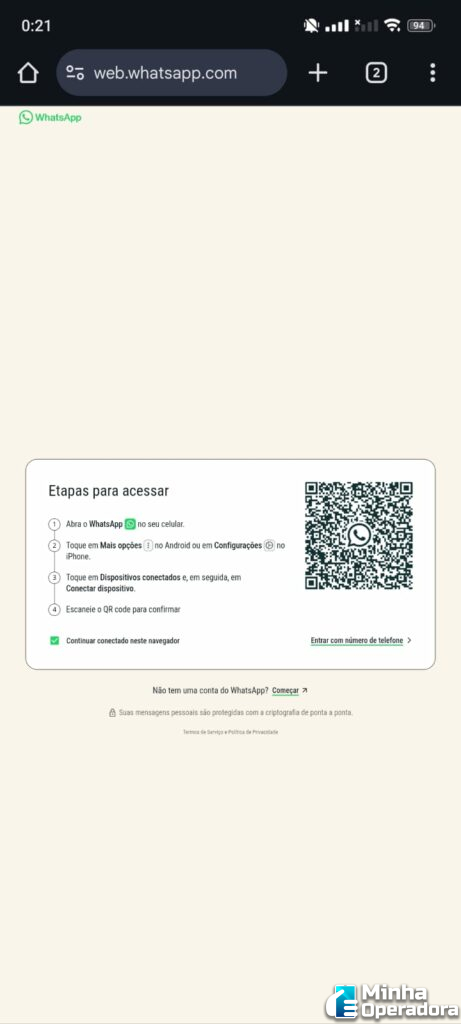 Tela do WhatsApp Web em navegador mobile.